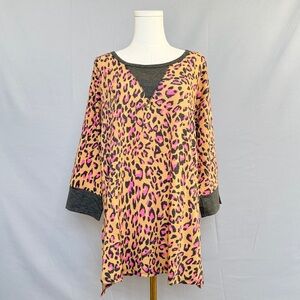 Dear Scarlett Marigold Pink Leopard Print Tunic Dark Gray Accents 3/4 Sleeve